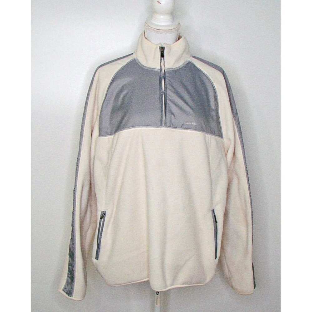 Calvin Klein 1/4 Zip Fleece & Nylon Trim Jacket Coat Pullover Ivory Gray Sz XL